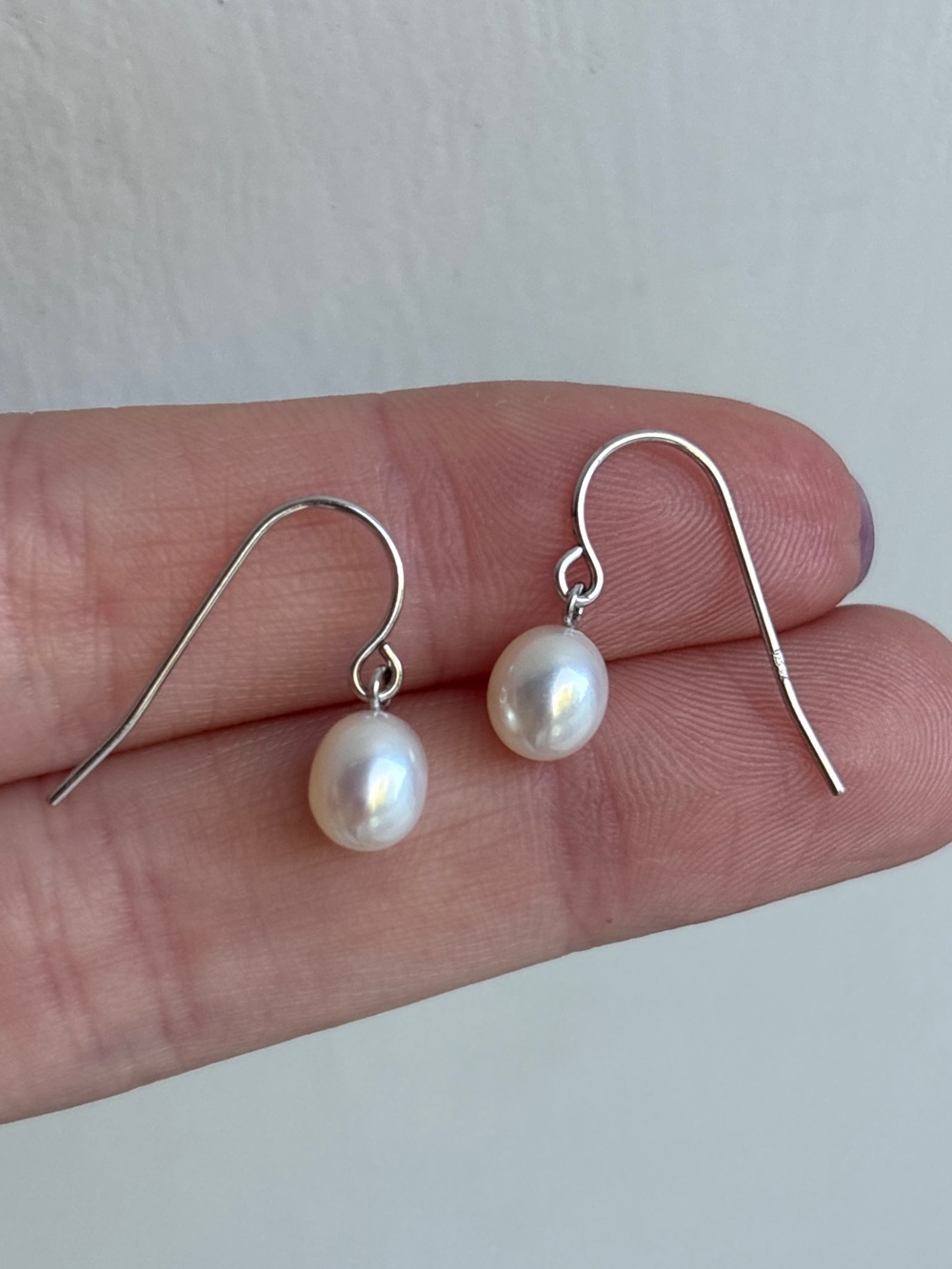 Sterling Silver Genuine White Pearl Dangle Drop Hook Earrings - Picture 3 of 8